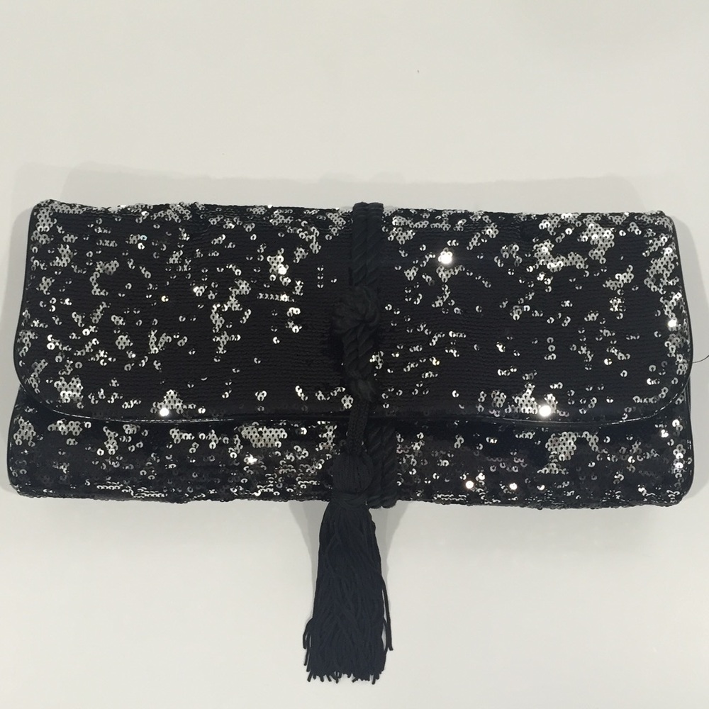 NEW Women's Girl's WHBM Black Silver Sequin Clutch Bag Shoulder Bag Evening Bag